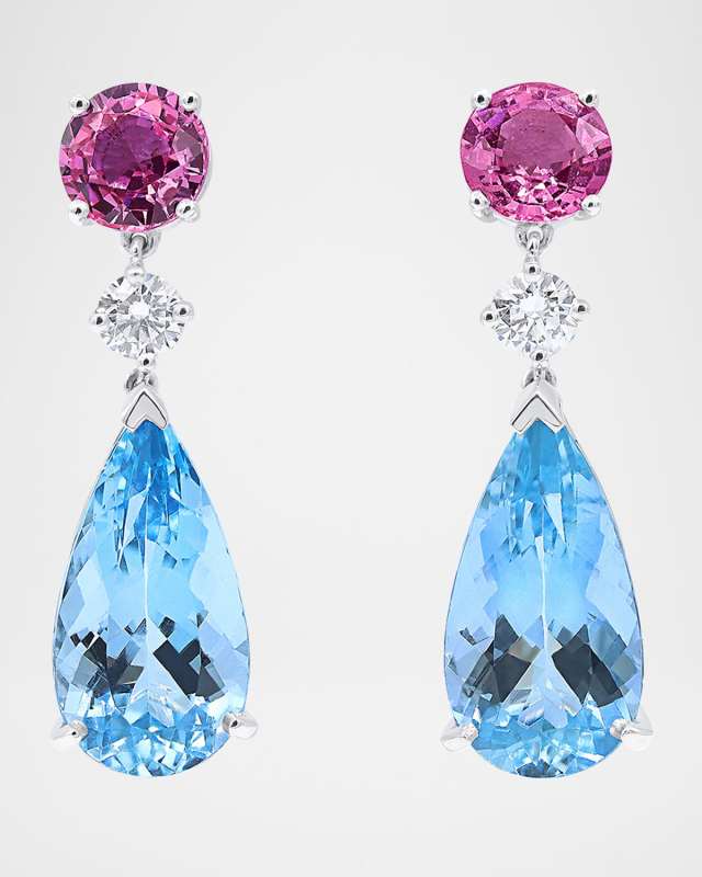 Platinum Diamond, Aquamarine and Pink Sapphire Statement Earrings